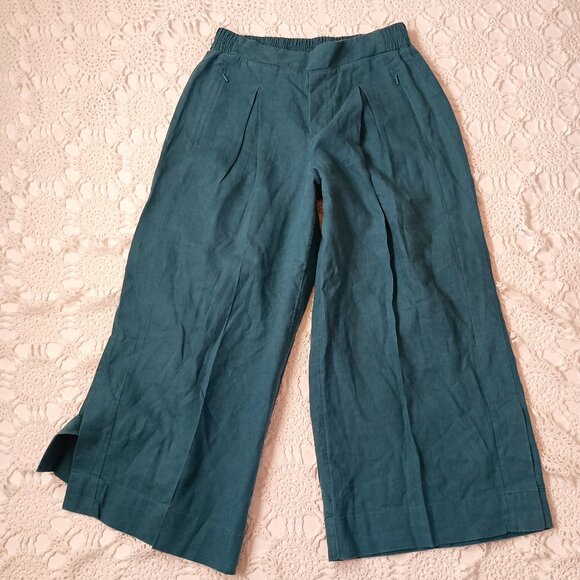 Athleta Playa Wide Leg Pants Teal 100% Linen Crop Pleat Front Zip Pocket 8 Women - Picture 1 of 9